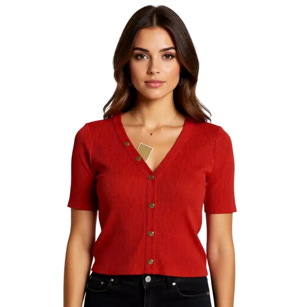 Michael Kors $98 Red Ribbed V-Neck Short Sleeve Button Front Top Sm NWT